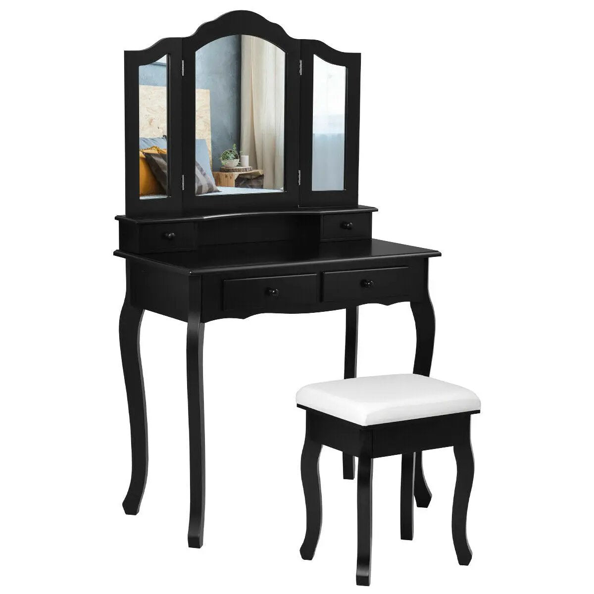 4 Drawers Wood Mirrored Vanity Dressing Table with Stool by DirectDeals