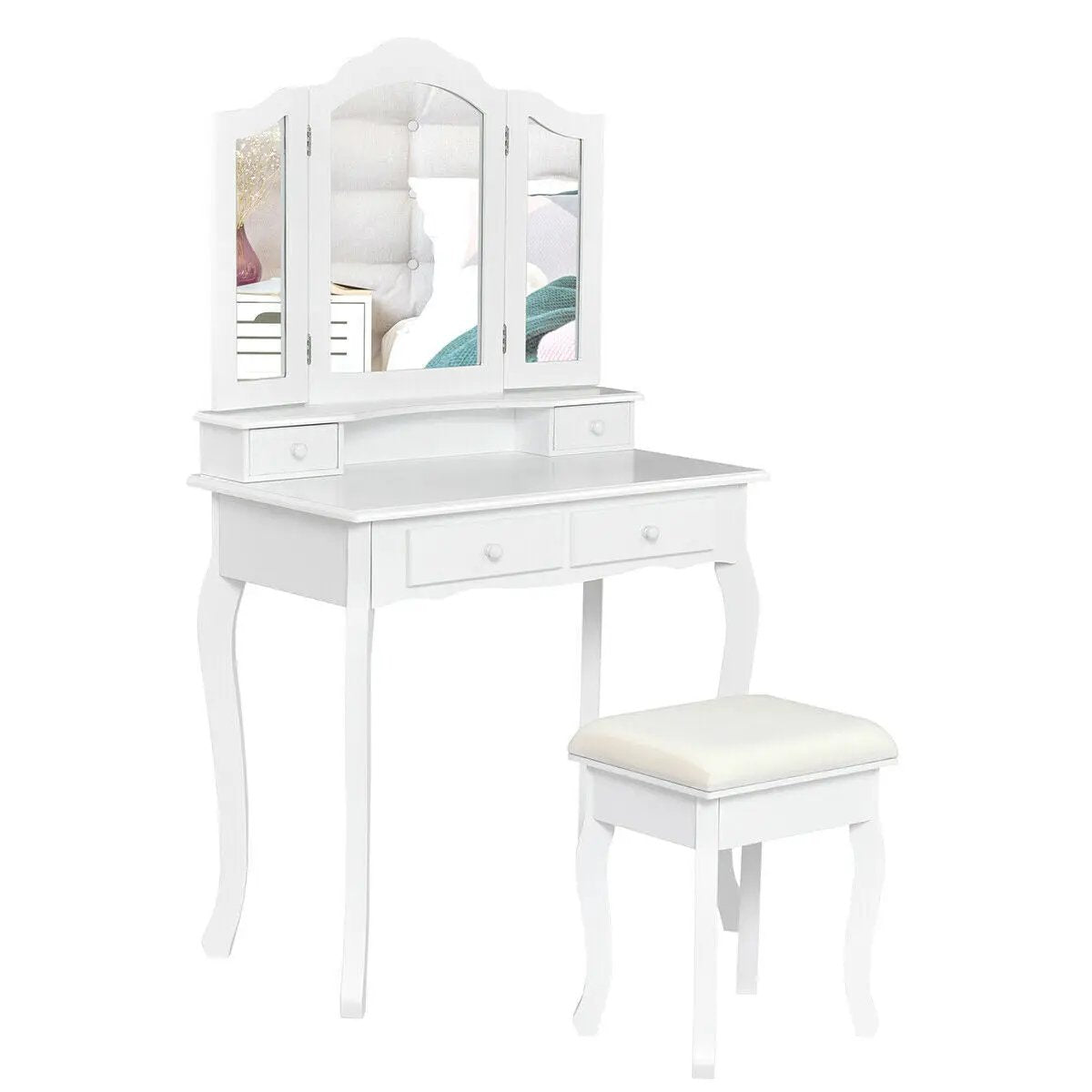 4 Drawers Wood Mirrored Vanity Dressing Table with Stool, photo 6 of 16