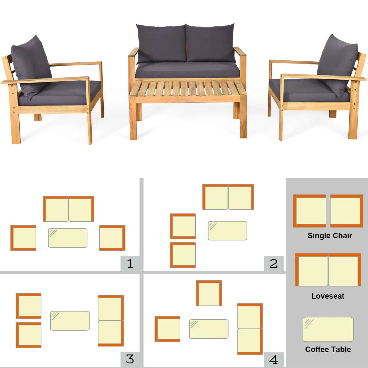Outdoor 4 Pieces Acacia Wood Chat Set with Water Resistant Cushions, photo 5 of 11