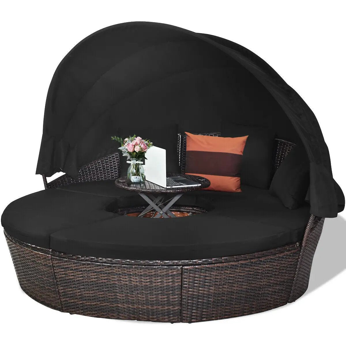 Patio Round Daybed Rattan Furniture Sets with Canopy, photo 12 of 24