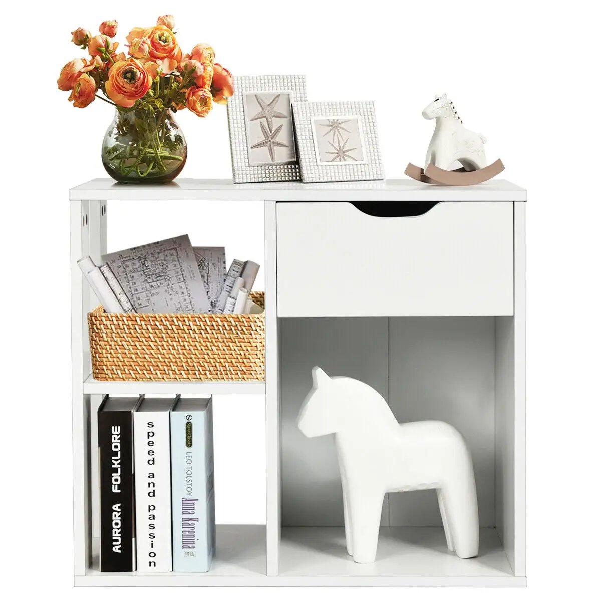 3-Cube Bookcase 2-tier Wooden Storage Shelf with Pull-out Drawer-Brown, photo 7 of 11