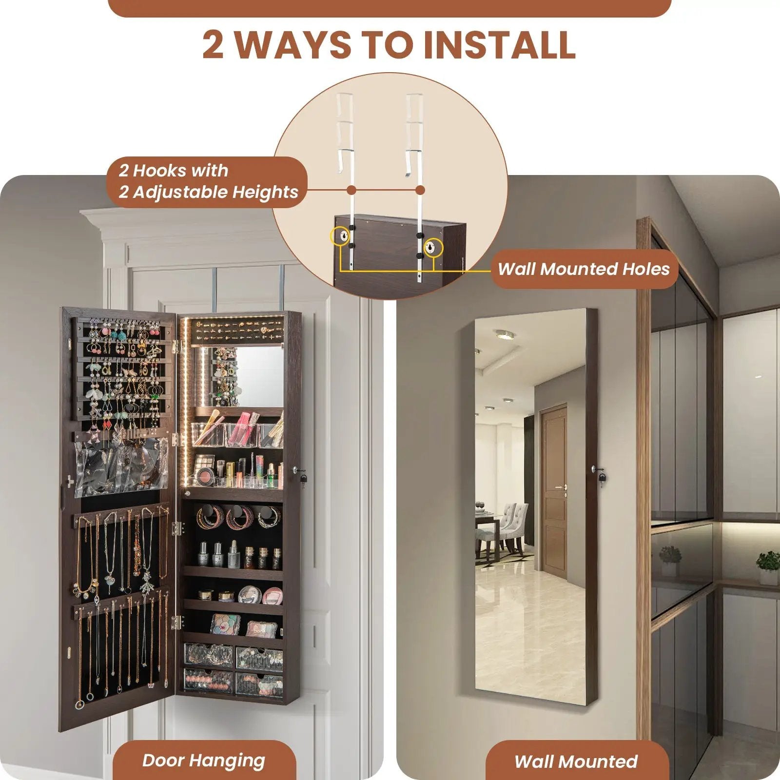 Wall Mounted Jewelry Cabinet with 3-Color Lights by DirectDeals