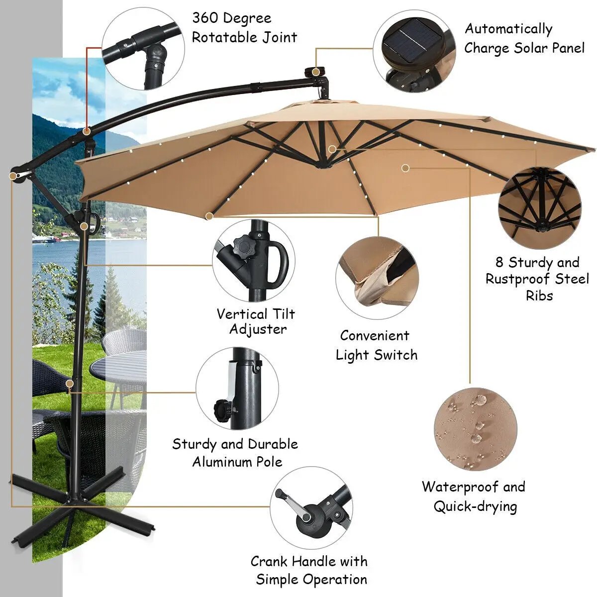 10 Feet 360° Rotation Solar Powered LED Patio Offset Umbrella without Weight Base-Gray by DirectDeals