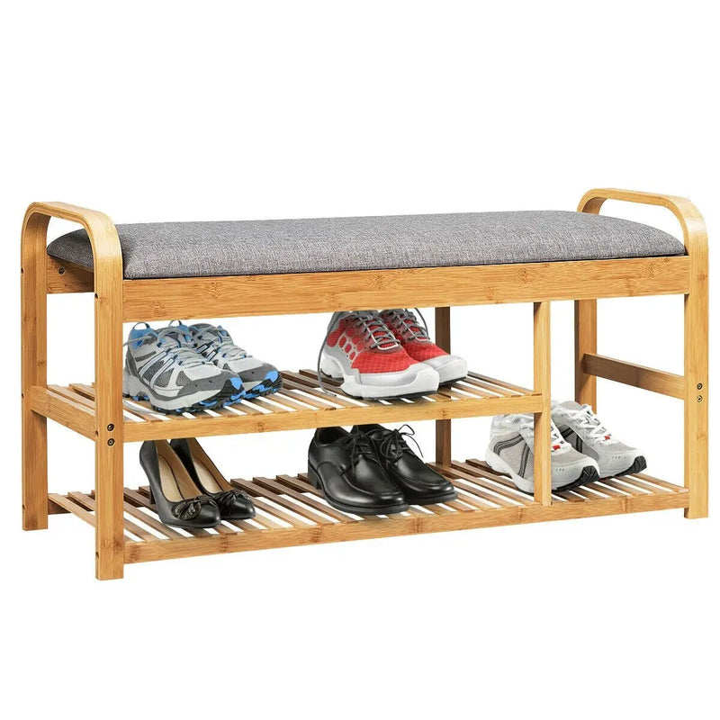 3-Tier Bamboo Shoe Rack Bench with Cushion-Natural by DirectDeals