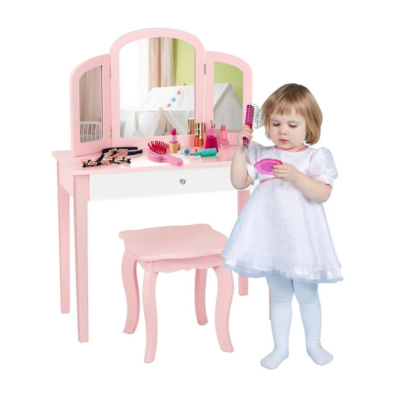 Kids Princess Make Up Dressing Table with Tri-folding Mirror and Chair by DirectDeals