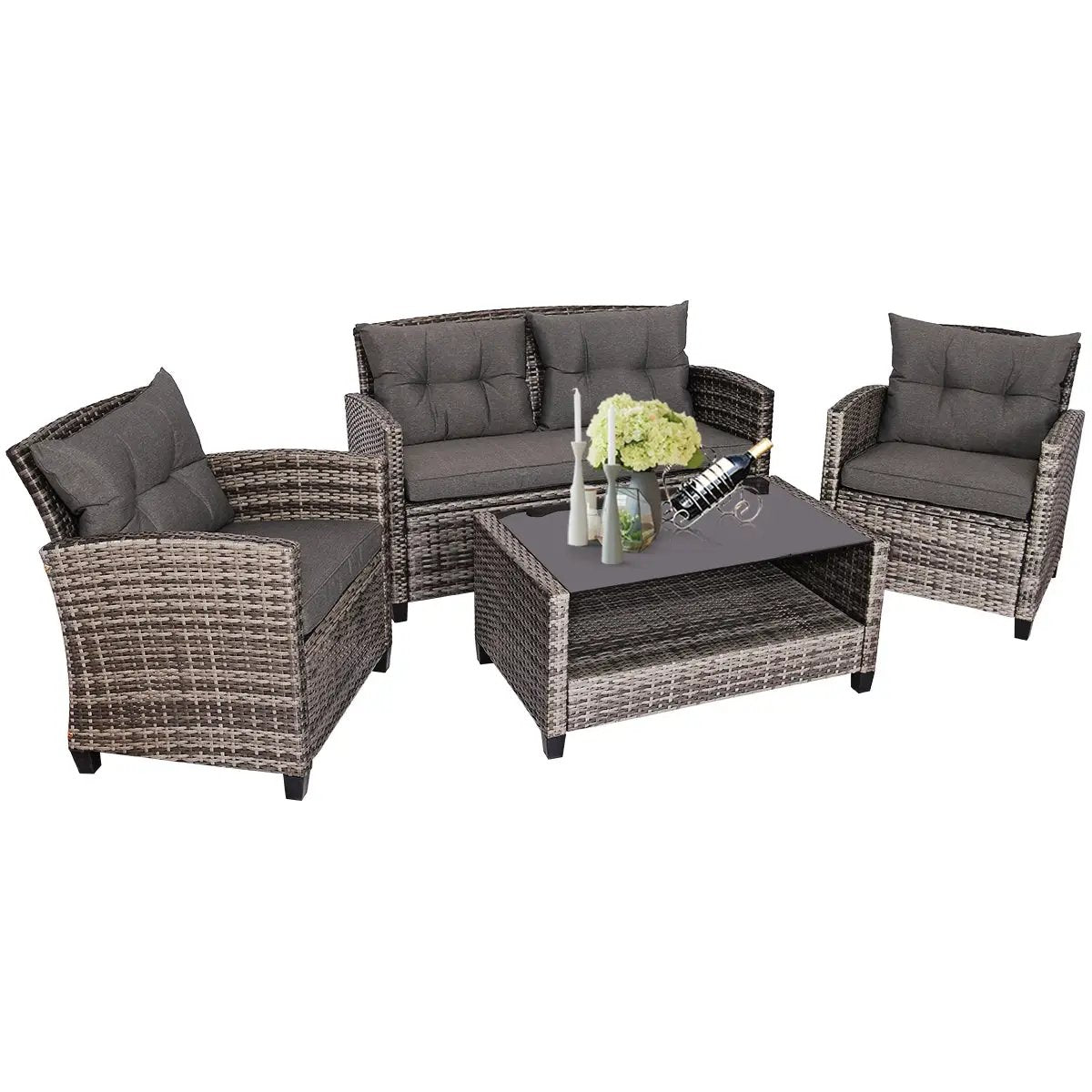 4 Pieces Patio Rattan Furniture Set Coffee Table Cushioned Sofa-Gray by DirectDeals