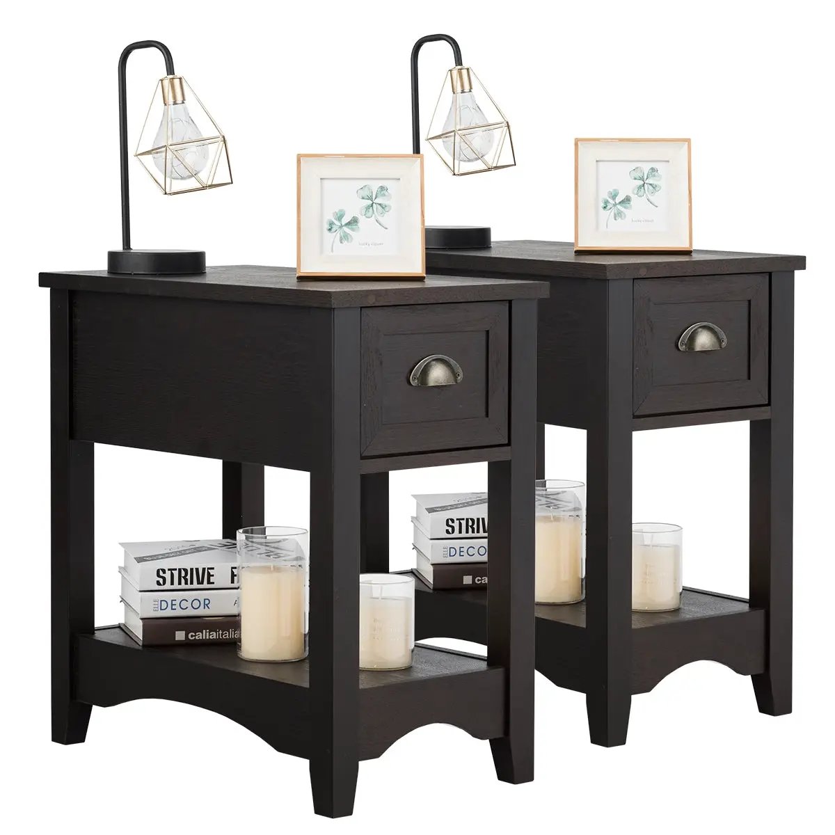2 Pieces Retro Narrow Tiered End Table with Drawer and Storing Shelf, photo 9 of 10