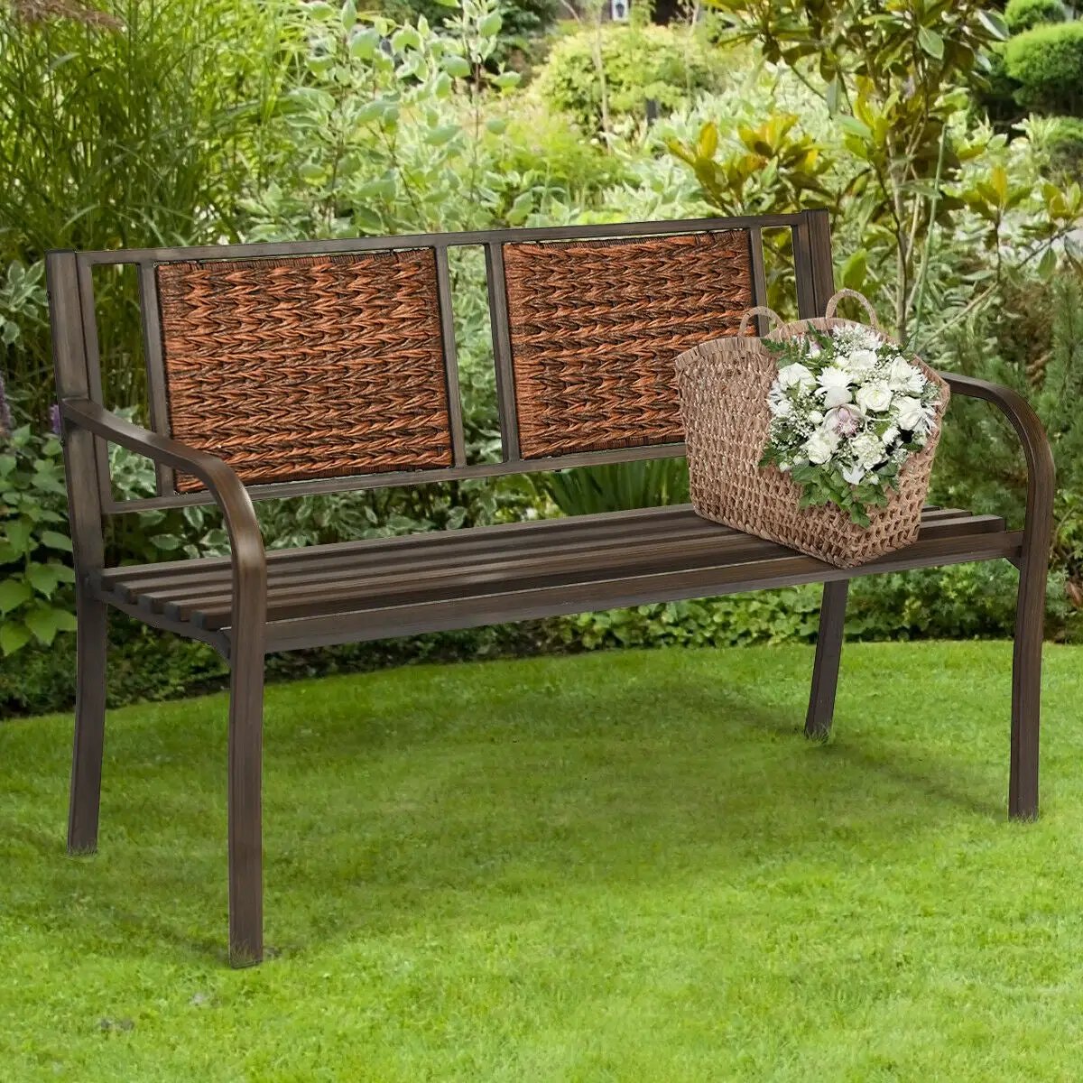 Patio Garden Bench with Powder Coated Steel Frame by DirectDeals