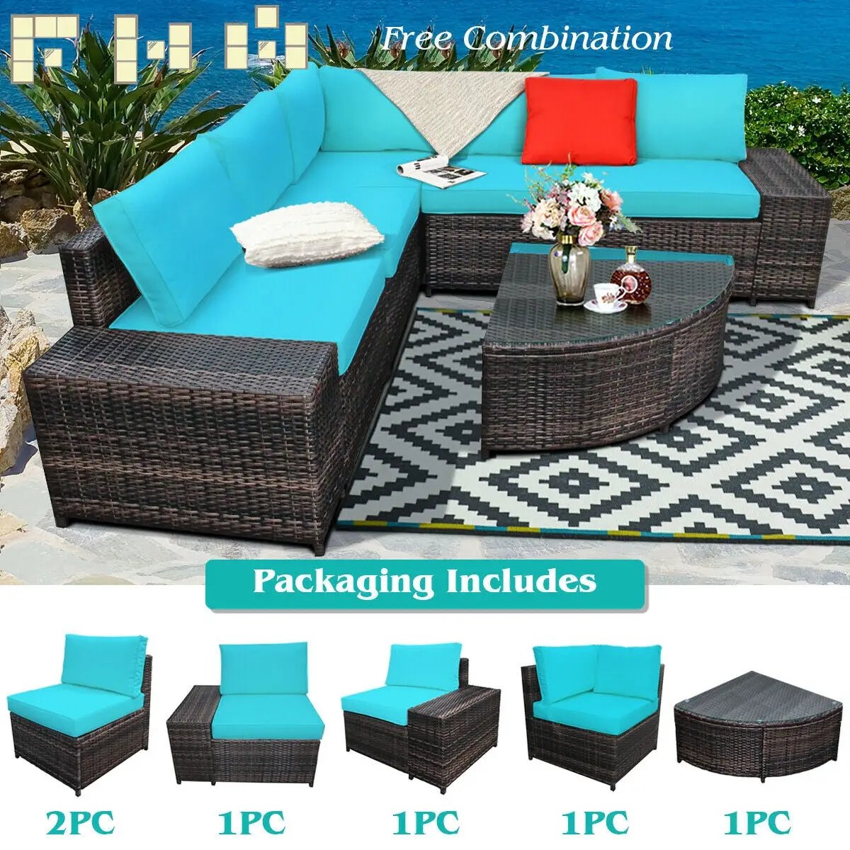 6 Piece Wicker Patio Sectional Sofa Set with Tempered Glass Coffee Table, photo 6 of 9