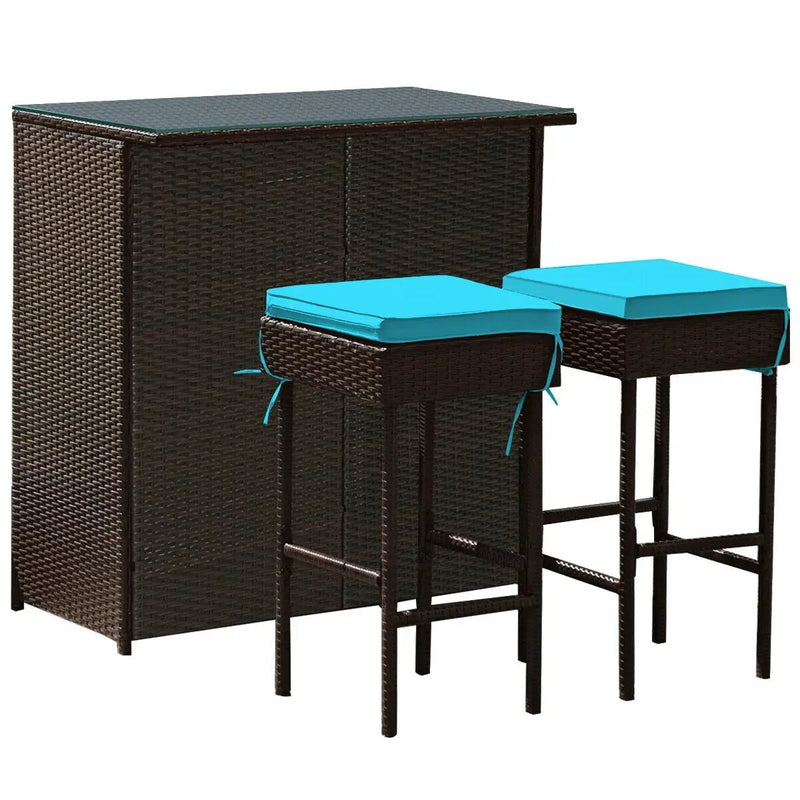 3PCS Patio Rattan Wicker Bar Table Stools Dining Set-Turquoise by DirectDeals