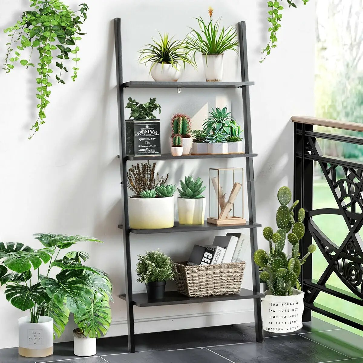 Multipurpose 4-Tier Industrial Leaning Wall Bookcase with Metal Frame, photo 15 of 16
