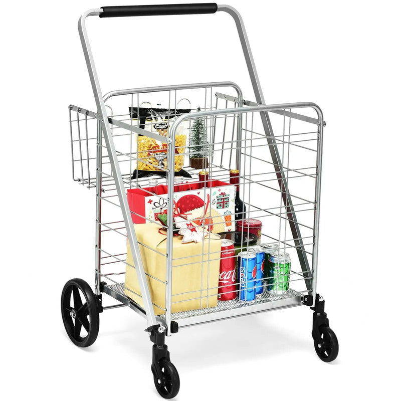 Heavy Duty Folding Utility Shopping Double Cart-Silver by DirectDeals