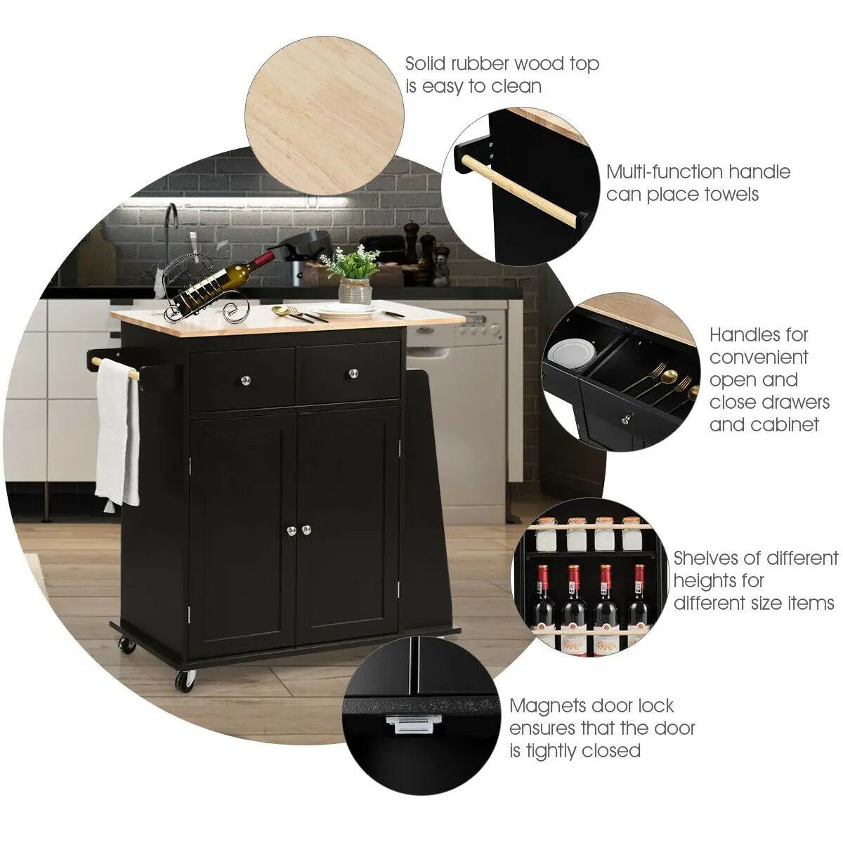 Rubber Wood Countertop Rolling Kitchen Island Cart, photo 6 of 9