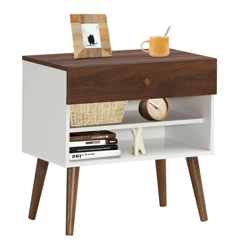 Mid-Century Nightstand with Drawer and Rubber Wood Legs by DirectDeals