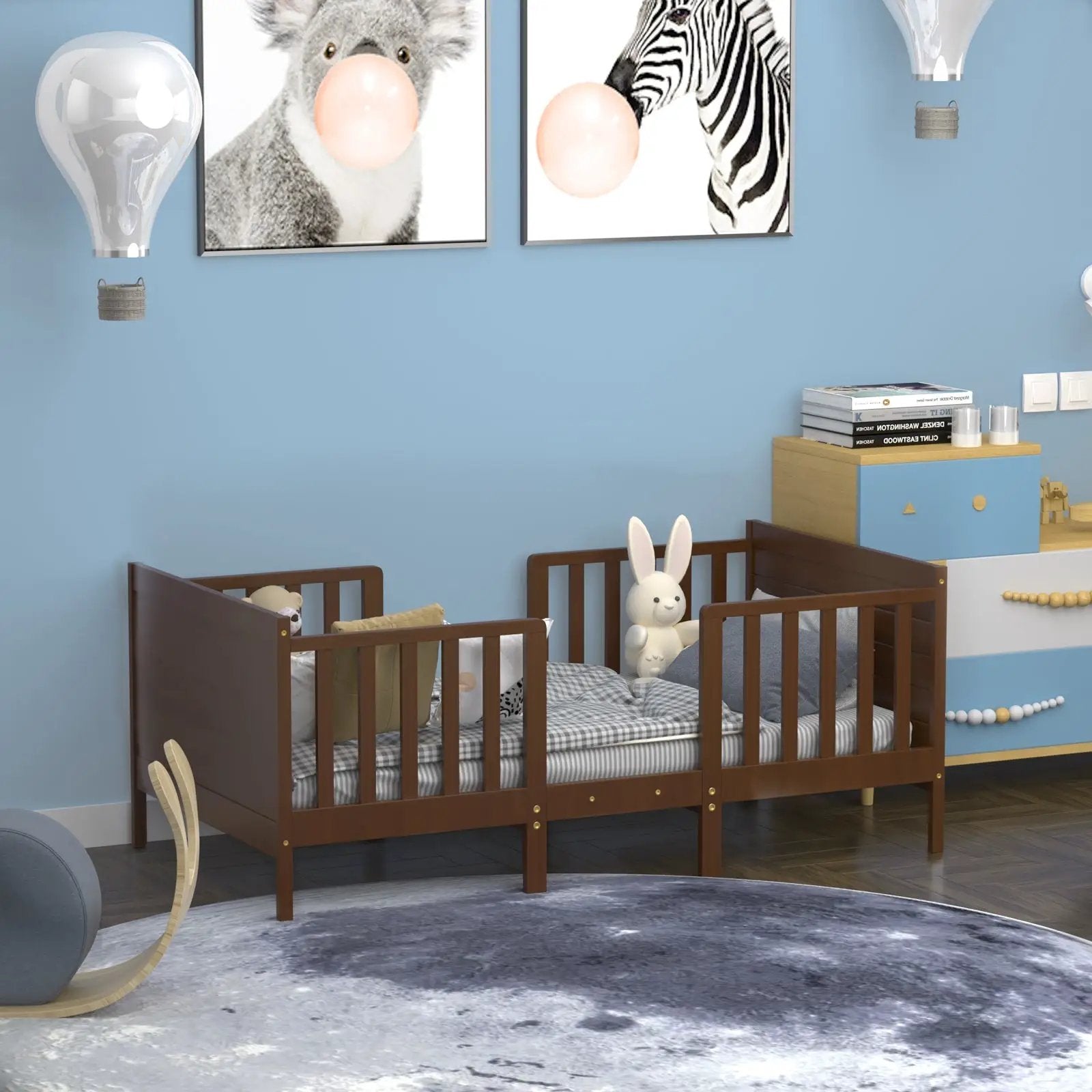 2-in-1 Convertible Kids Wooden Bedroom Furniture with Guardrails by DirectDeals
