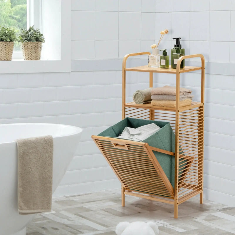 Tilt-out Bamboo Laundry Hamper with 2-Tier Shelf and Removable Liner-Natural by DirectDeals