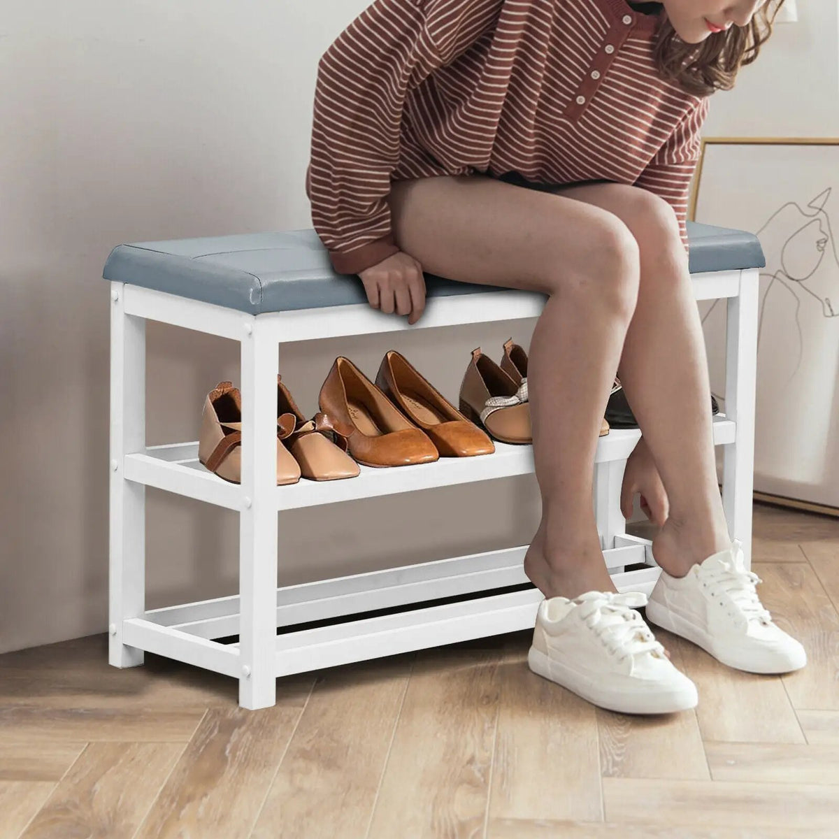 2-Tier Wooden Shoe Rack Bench with Padded Seat, photo 12 of 16