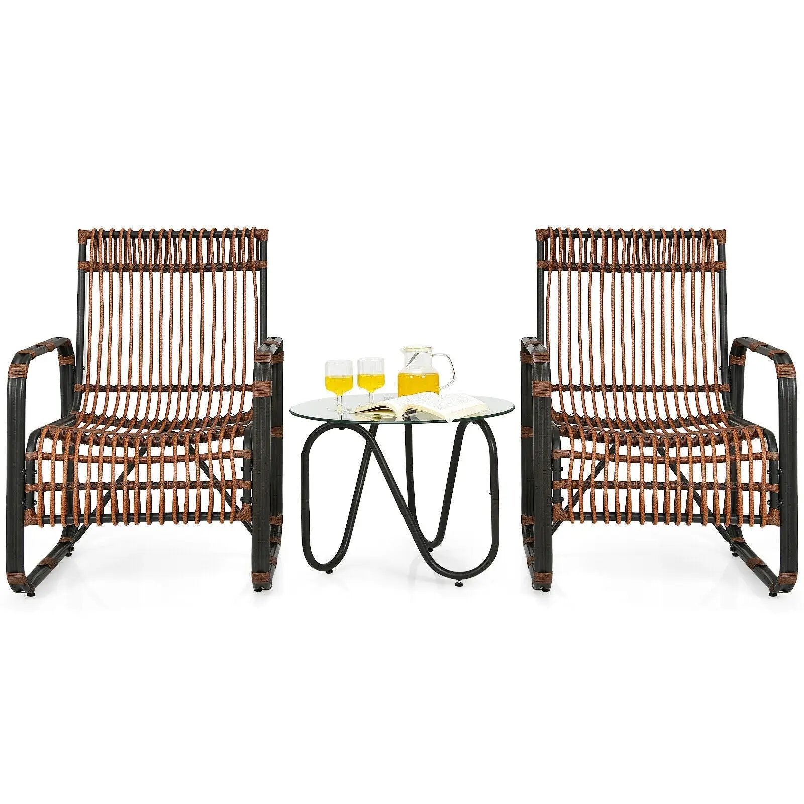 3 Pieces Patio Rattan Furniture Set with 2 Single Wicker Chairs and Glass Side Table by DirectDeals