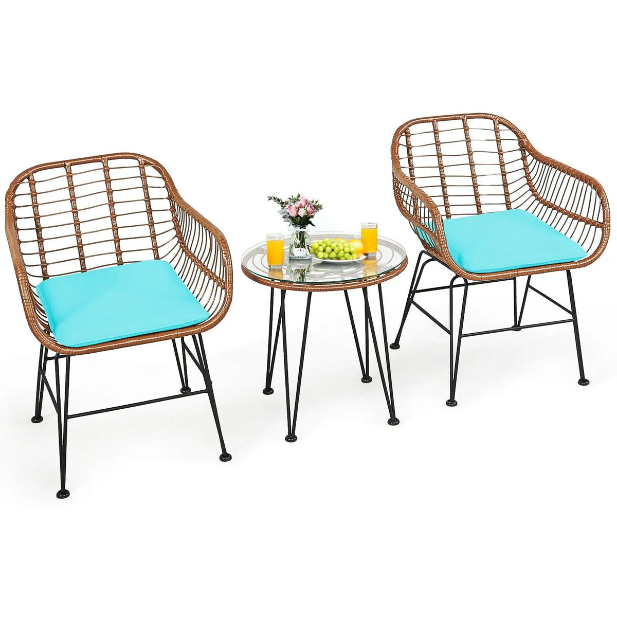 3-Piece Rattan Bistro Set with Cushions and Glass Table by DirectDeals