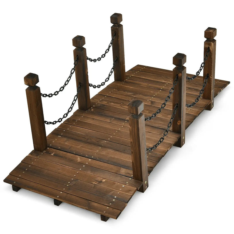 5 Feet Wooden Garden Bridge Arc Footbridge Stained Finish Walkway with Safety Rails by DirectDeals
