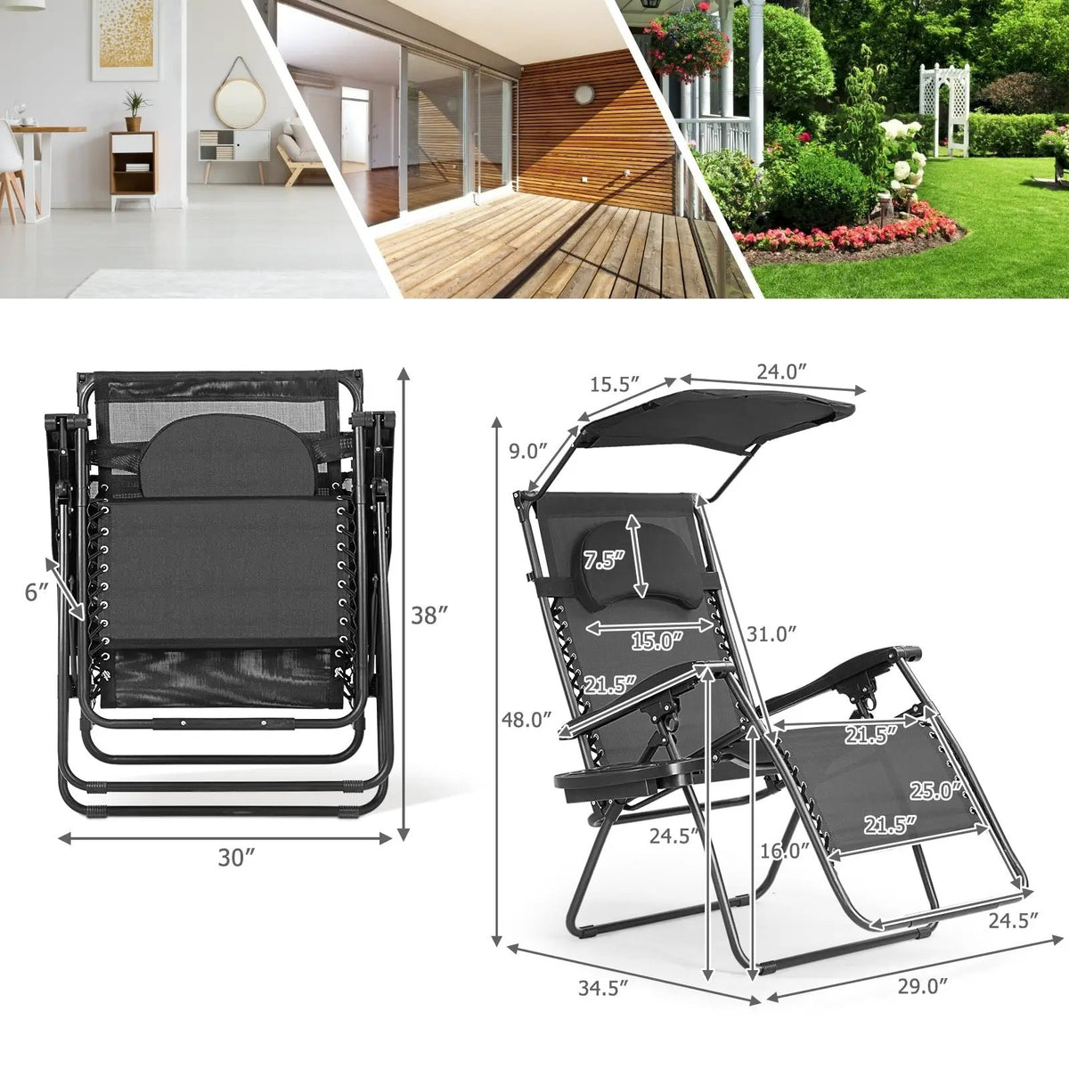 Folding Recliner Lounge Chair with Shade Canopy Cup Holder, photo 4 of 10