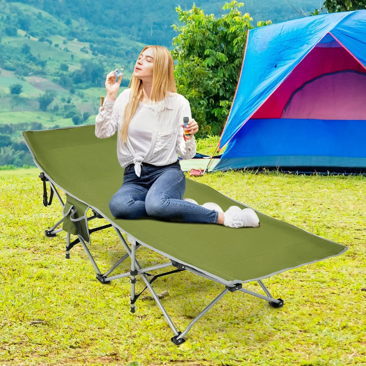 Folding Camping Cot with Side Storage Pocket Detachable Headrest, photo 14 of 16
