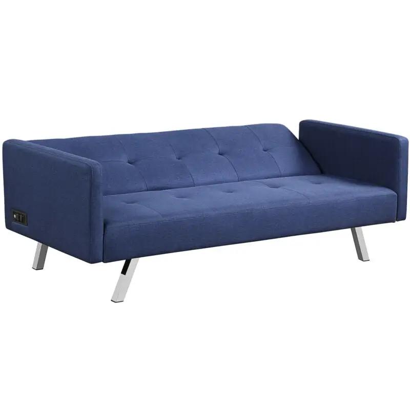 3 Seat Convertible Linen Fabric Futon Sofa with USB and Power Strip by DirectDeals