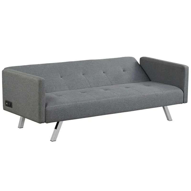 3 Seat Convertible Linen Fabric Futon Sofa with USB and Power Strip by DirectDeals