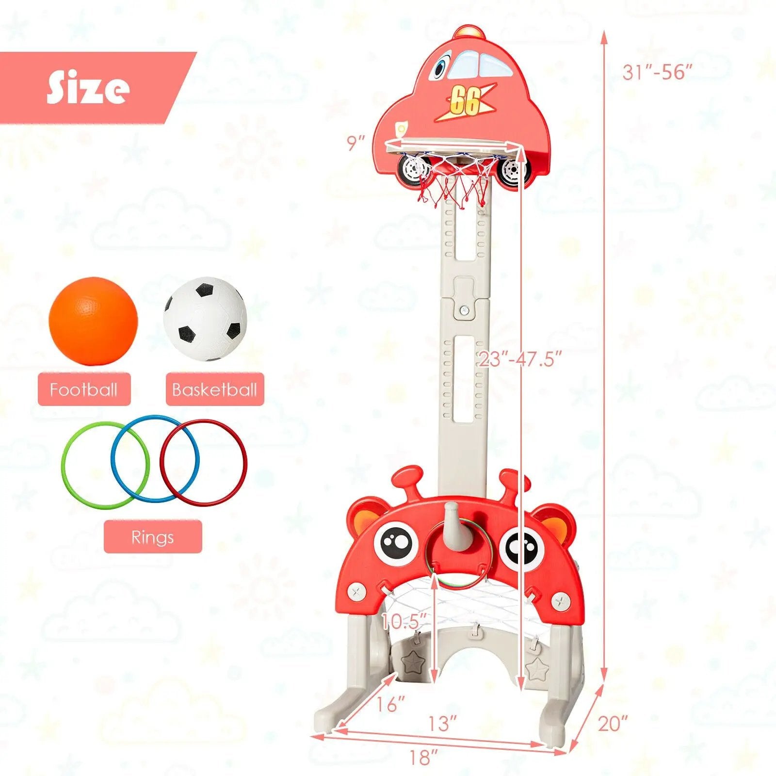 3-in-1 Basketball Hoop for Kids Adjustable Height Playset with Balls-Red by DirectDeals