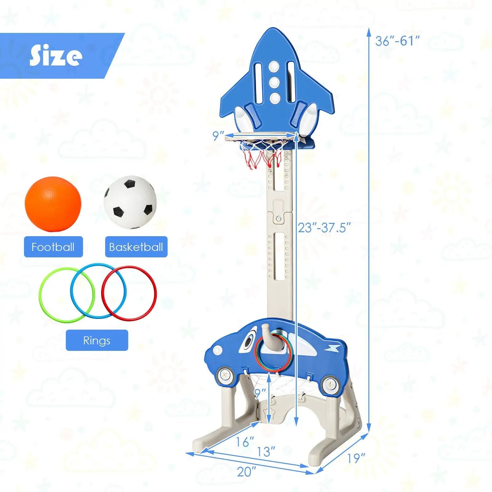 3-in-1 Basketball Hoop for Kids with Balls-Blue by DirectDeals