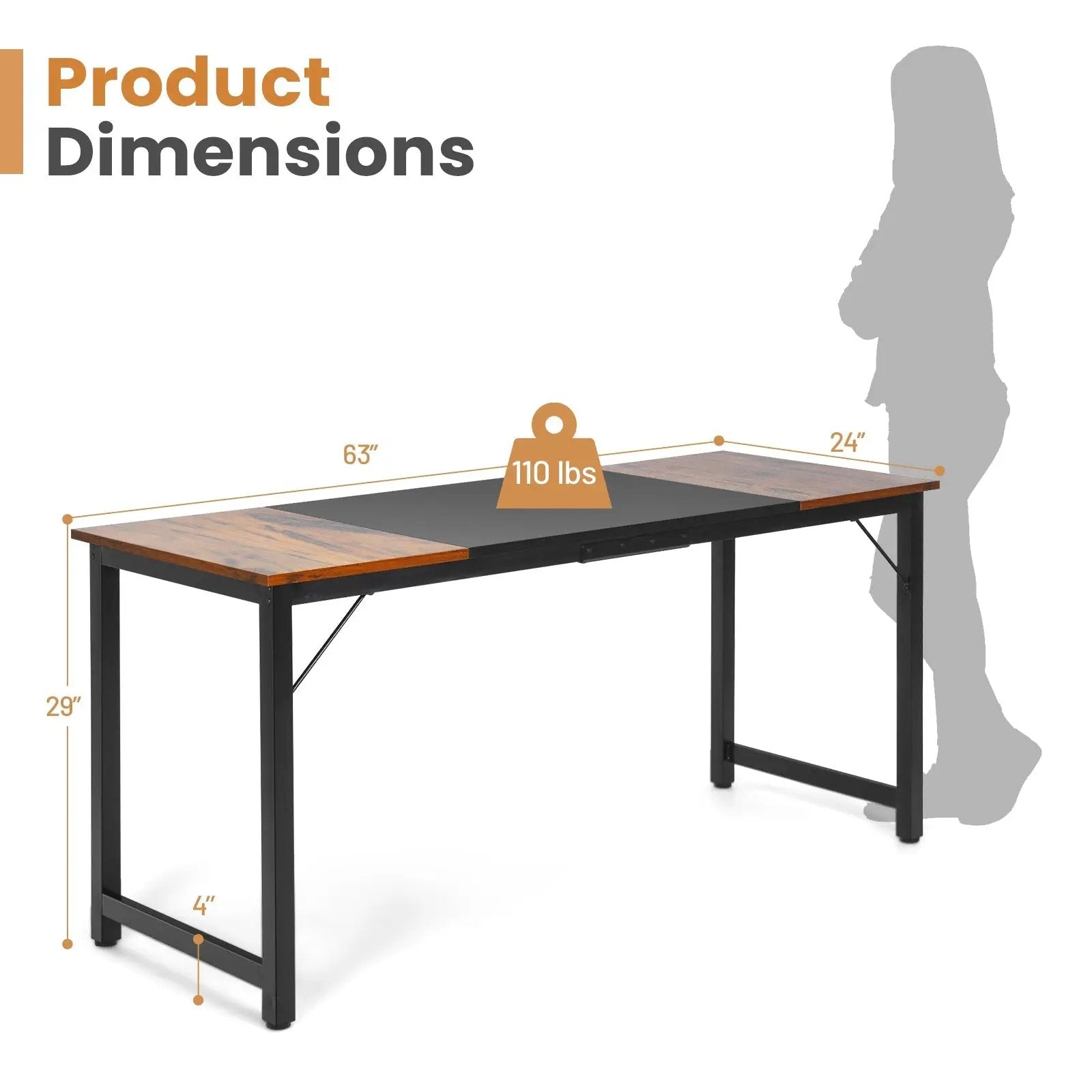 63 Inch Modern Splice Computer Desk with Heavy Duty Steel Frame by DirectDeals