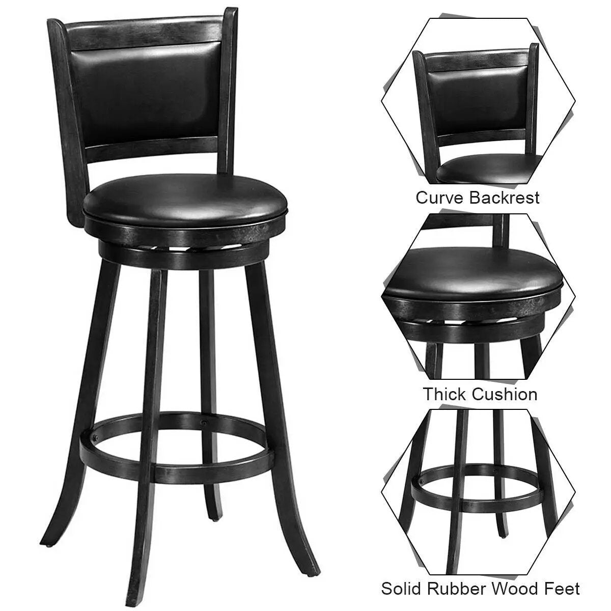 Set of 2 29 Inch Swivel Bar Height Stool Wood Dining Chair Barstool, photo 5 of 10