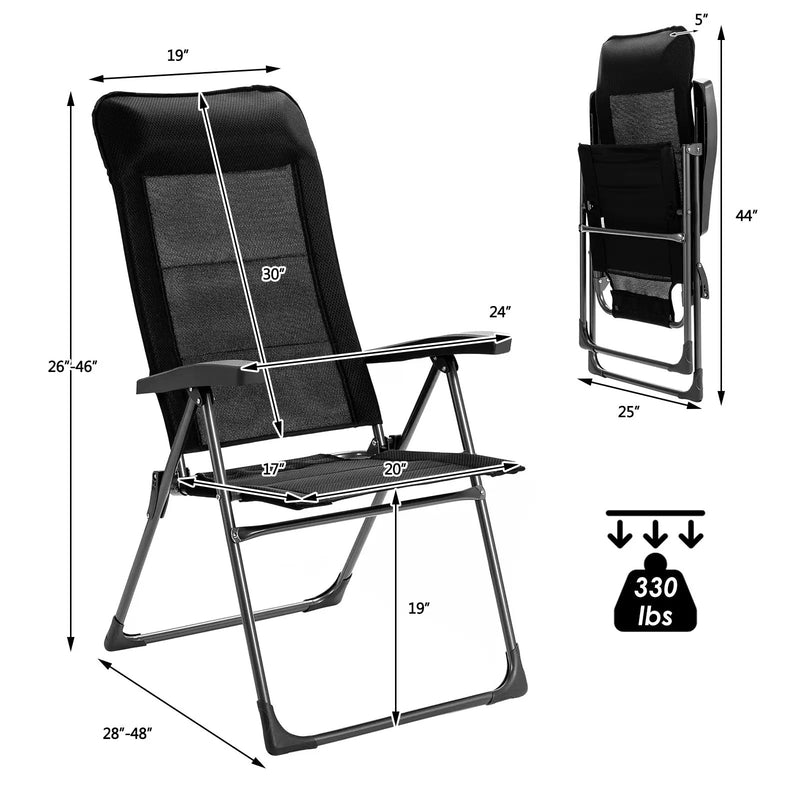 2 Pcs Portable Patio Folding Dining Chairs with Headrest Adjust for Camping -Black by DirectDeals