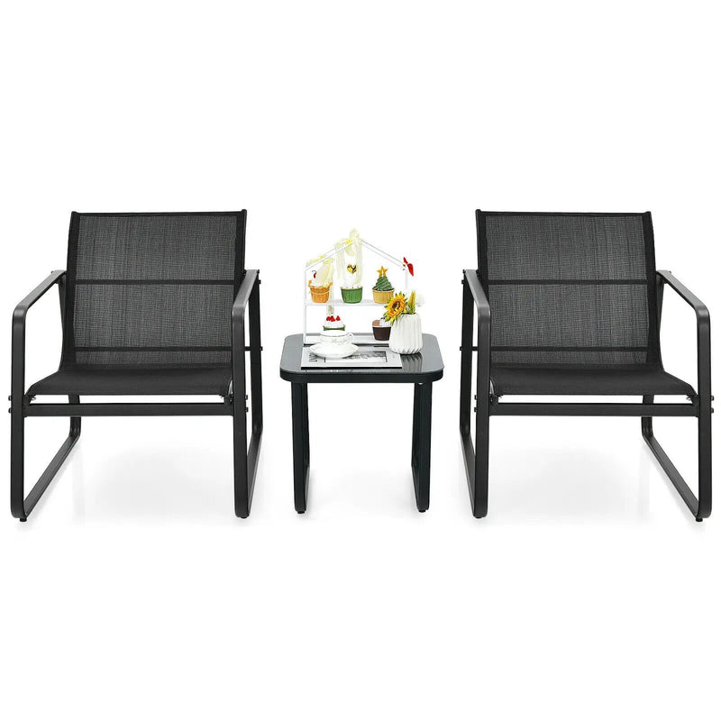 3 Pieces Patio Bistro Furniture Set with Glass Top Table Garden Deck-Black by DirectDeals