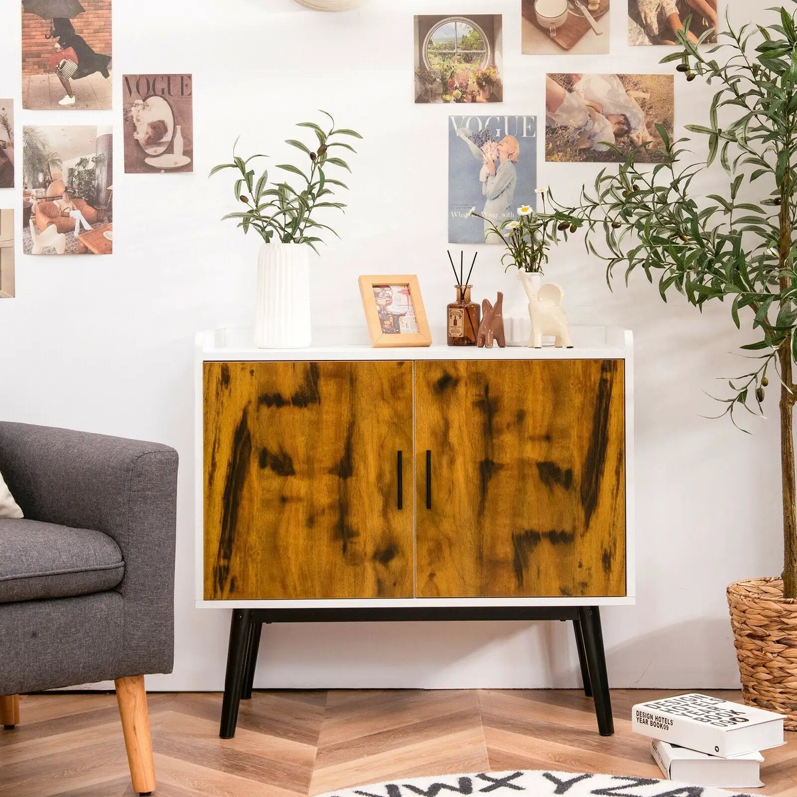 Mid-Century Wood Storage Cabinet with 2 Doors and Metal Legs for Entryway by DirectDeals