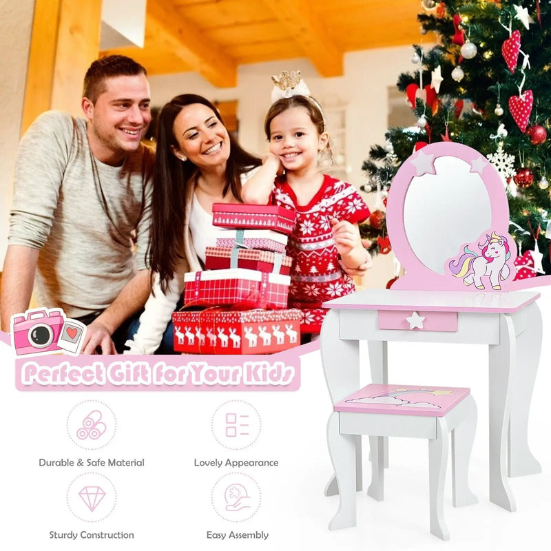 Kids Wooden Makeup Dressing Table and Chair Set with Mirror and Drawer by DirectDeals