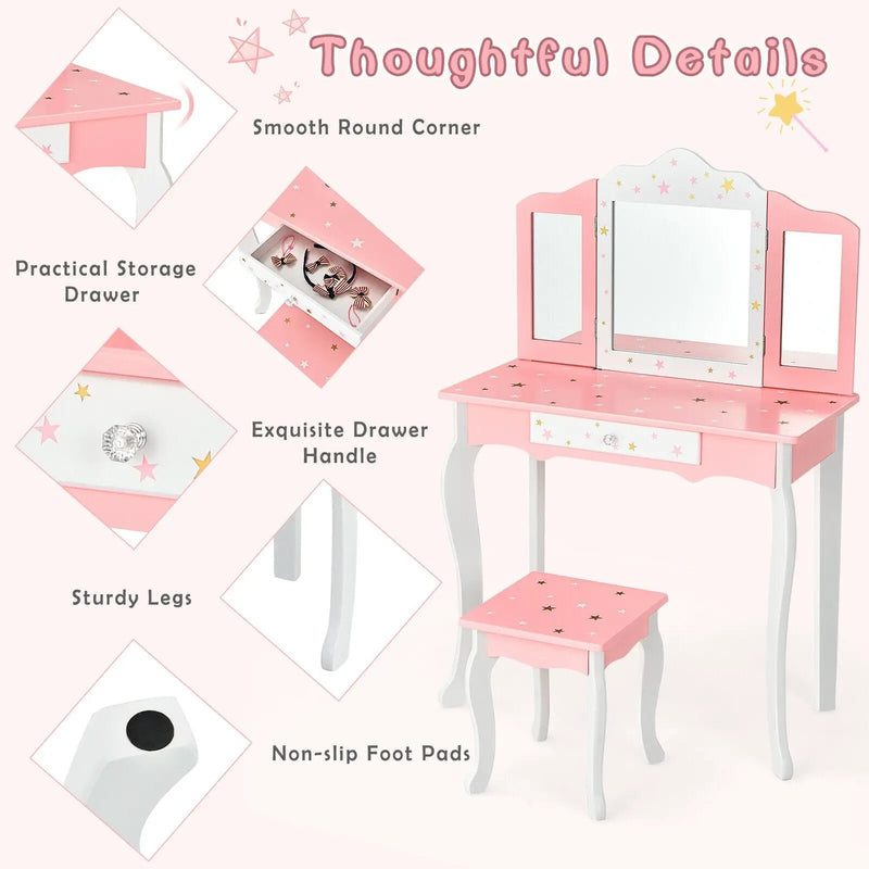 Kids Princess Vanity Table and Stool Set with Tri-folding Mirror and Drawer by DirectDeals