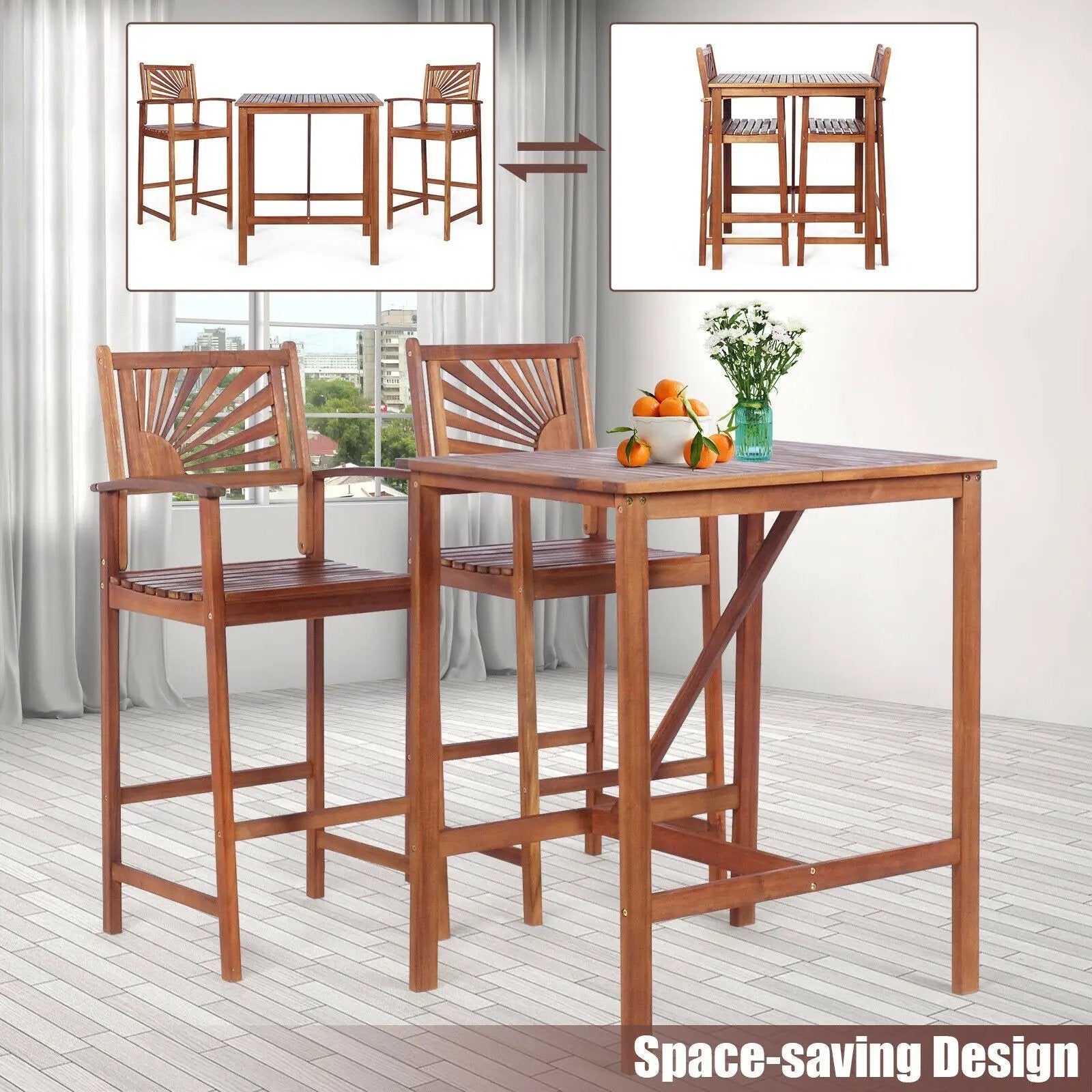 3 Pieces Acacia Wood Patio Bar Set with Sunflower Patterned Backrest by DirectDeals