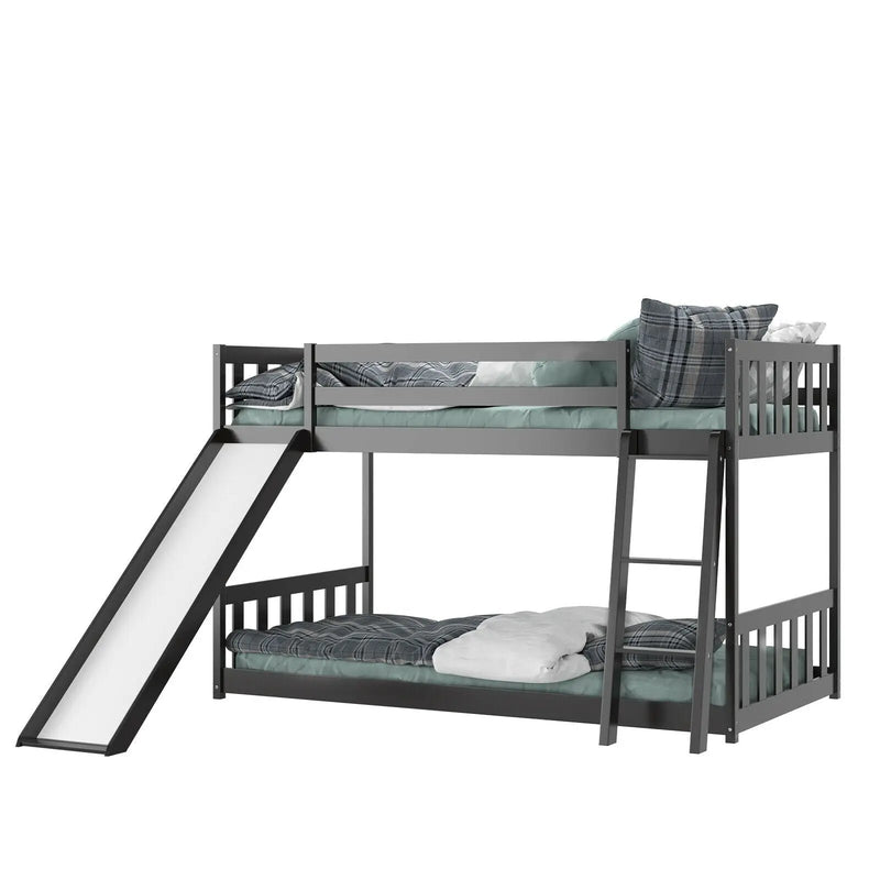 Twin over Twin Bunk Wooden Low Bed with Slide Ladder for Kids by DirectDeals