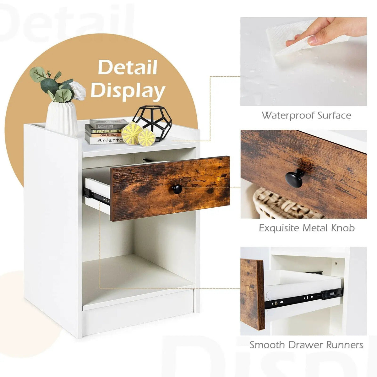 Set of 2 Nightstand with Drawer Cabinet End Side Table Raised Top, photo 8 of 10