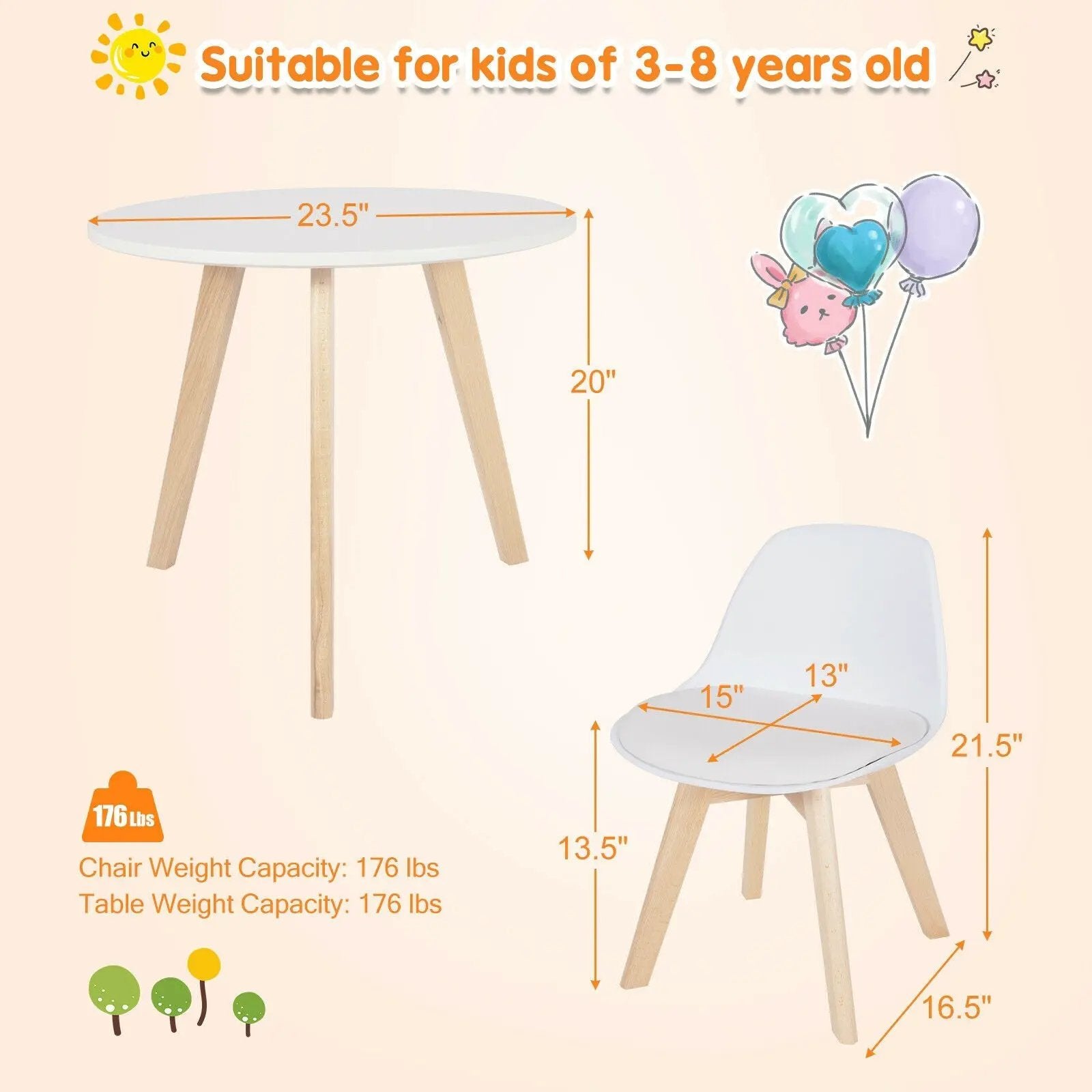 Modern Kids Activity Play Table and 2 Chairs Set with Beech Leg Cushion-White by DirectDeals