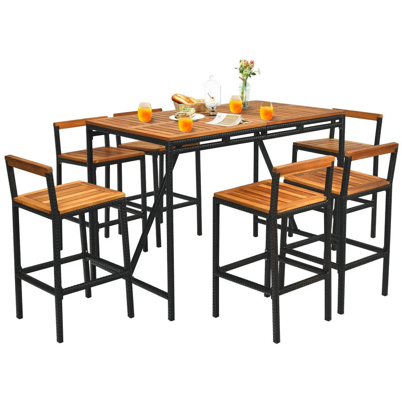 7 Pieces Acacia Wood Patio Rattan Bar Set with Umbrella Hole by DirectDeals