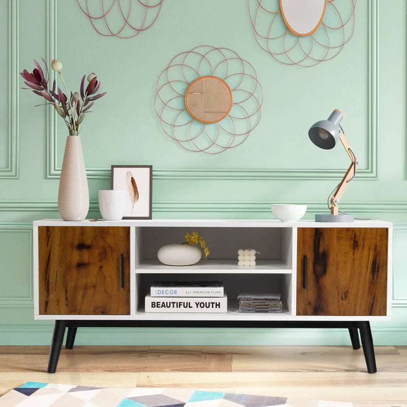 Mid-Century Wood TV Stand for 55 Inch with 2 Cabinets and Open Shelves by DirectDeals