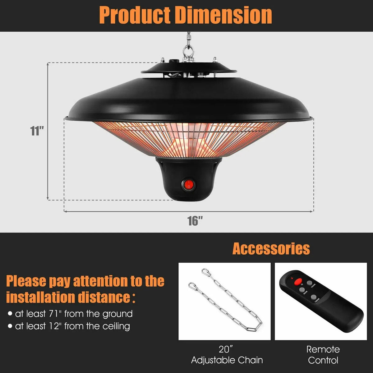 1500W Electric Hanging Ceiling Mounted Infrared Heater with Remote Control, photo 7 of 16