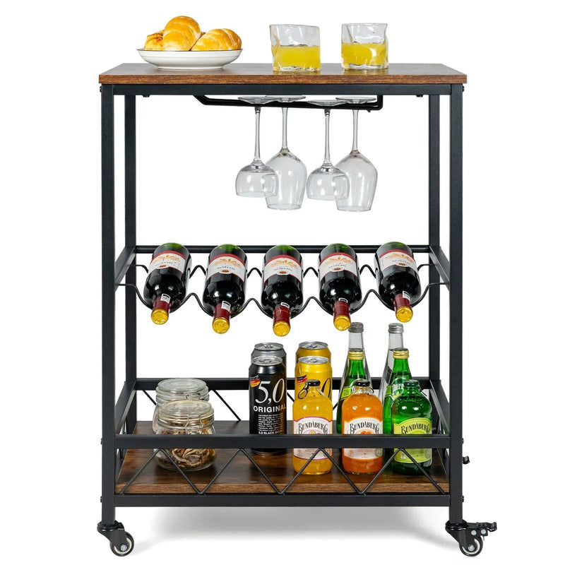 Kitchen Bar Cart Serving Trolley on Wheels with Wine Rack Glass Holder-Rustic Brown by DirectDeals