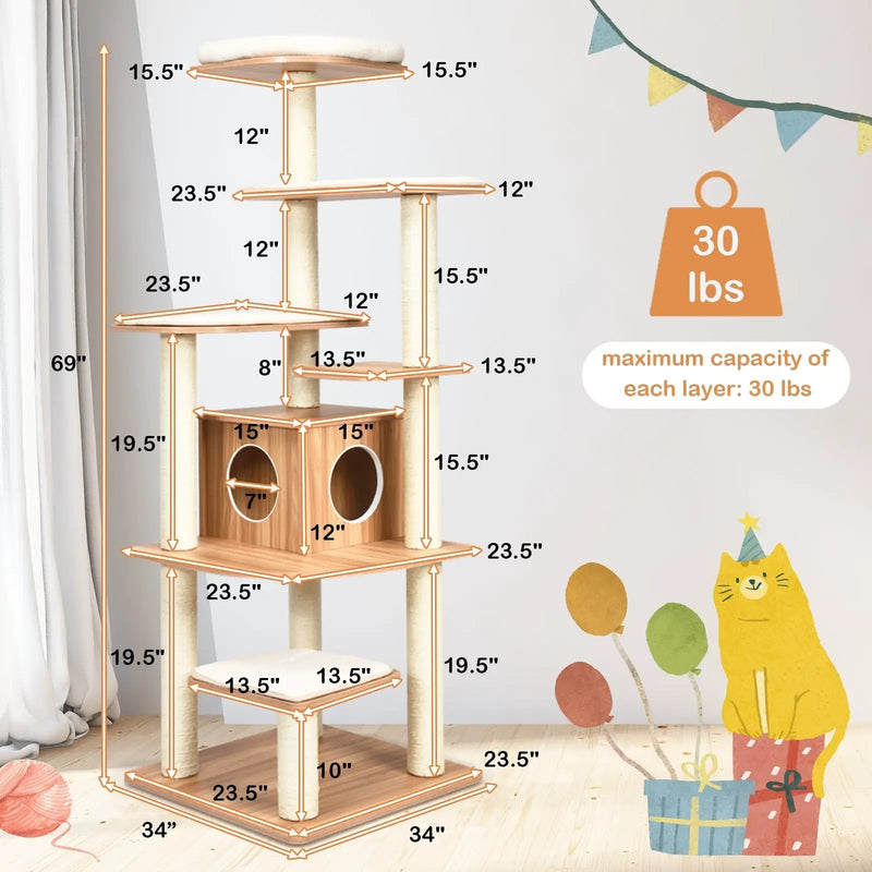 7-Layer Wooden Cat Tree Tall Cat Tower with Sisal Posts and Condo by DirectDeals