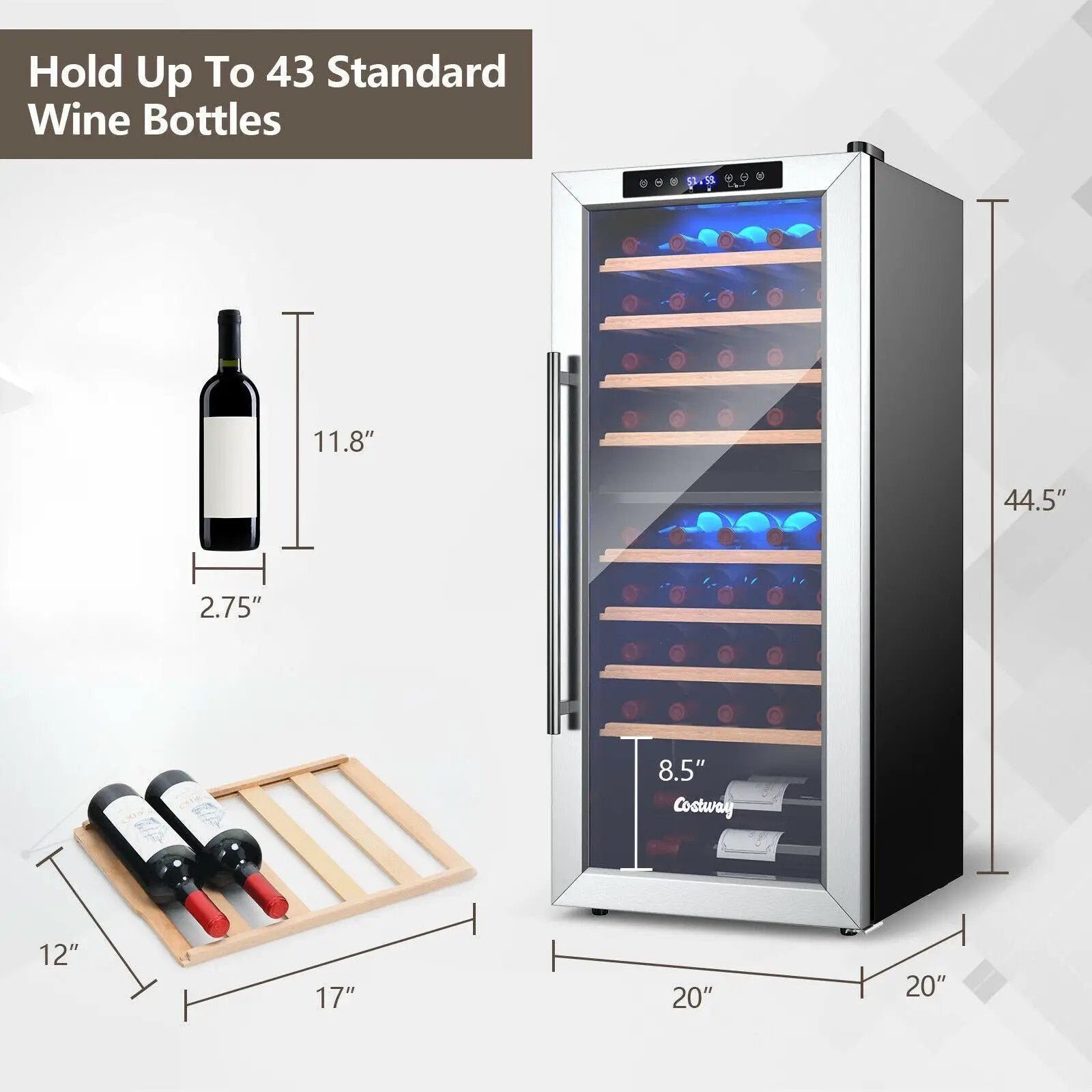43 Bottle Wine Cooler Refrigerator Dual Zone Temperature Control with 8 Shelves-Black by DirectDeals
