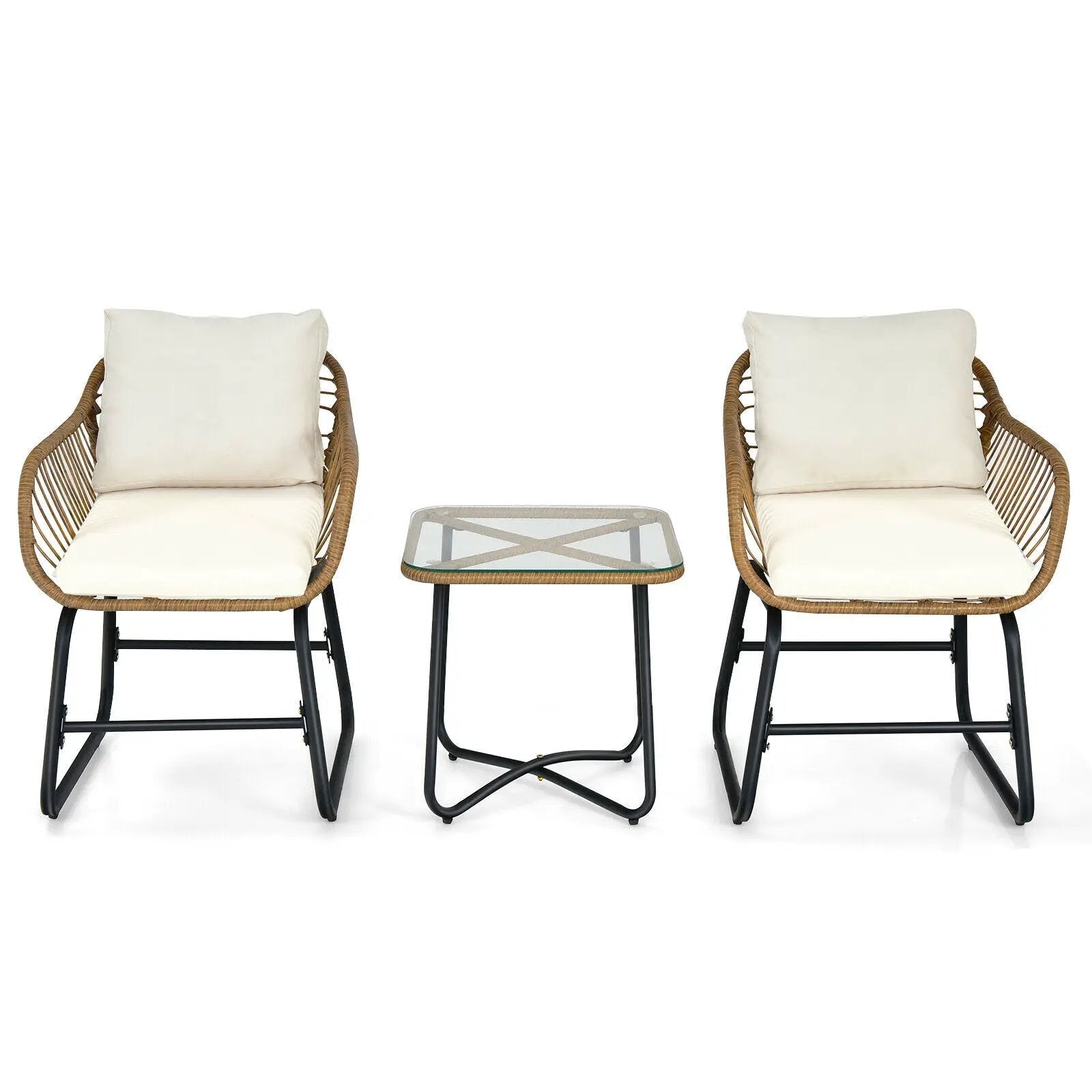 3-Piece Patio Bistro Set with 2 Rattan Chairs and Square Glass Coffee Table-White by DirectDeals
