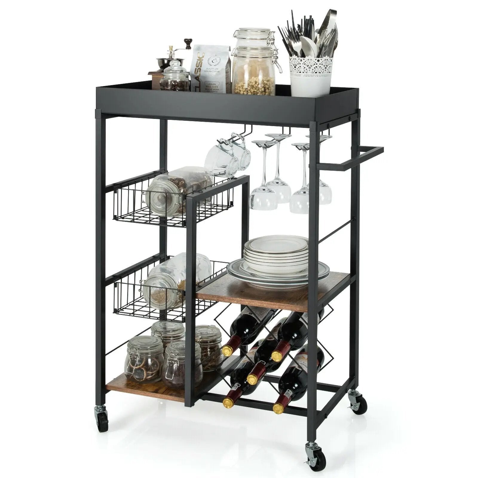 Kitchen Island Cart on Wheels with Removable Top and Wine Rack-Rustic Brown by DirectDeals