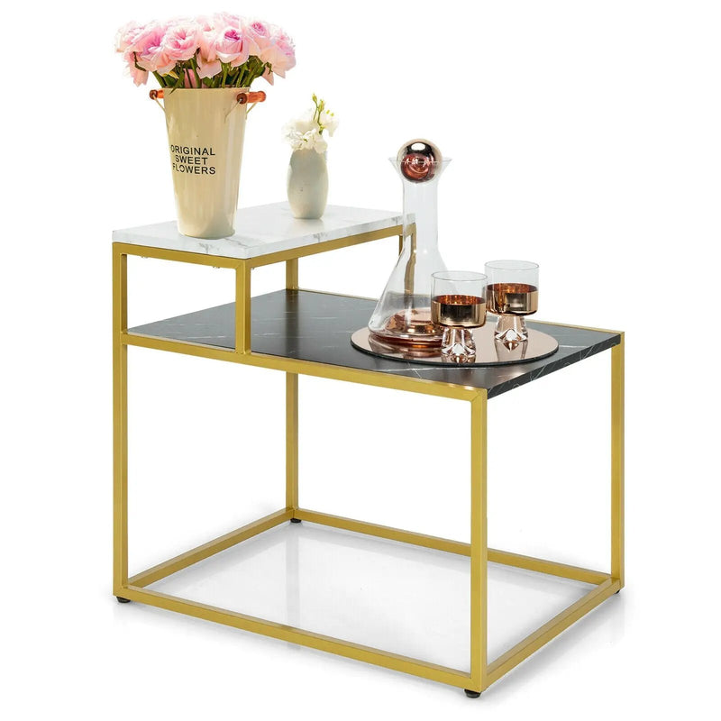 2 Tier End Side Table with Metal Frame and Storage Shelf for Living Room-White by DirectDeals